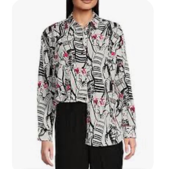 Women's Plus Size Karl Lagerfeld Paris Printed Collared Button-Front Shirt Size - Picture 5 of 8